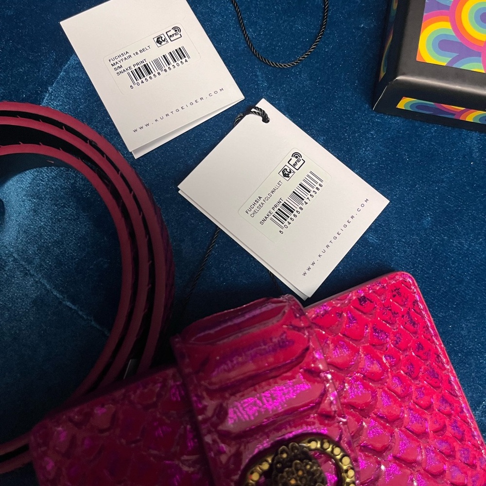 Kurt Geiger Fuchsia Snake-Embossed Wallet and Belt with Antique Gold Hardware - Picture 8 of 9